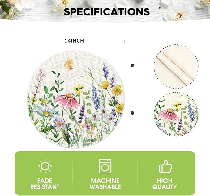 Artoid Mode Daisy Eucalyptus Lavender Floral Leaves Round Spring Placemats Set of 4, 14 Inch Summer Round Table Mats for Dining Decoration