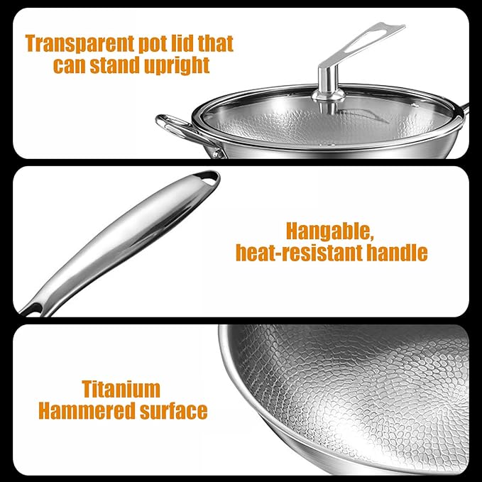 Titanium Hammered Wok with Double Handles, Frying Pans Nonstick, Non-Stick Wok, Scratch-Resistant Non Stick Titanium Pans for Cooking,12.6IN