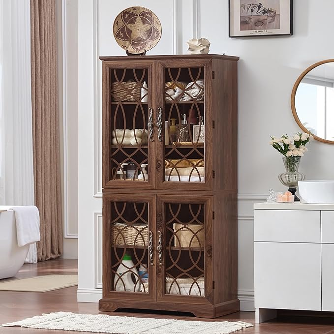 67" Tall Pantry Cabinet Set of 2, Vintage Kitchen Pantries Cabinets with Glass Doors & Adjustable Shelves, Wood Cupboard with Large Storage for Dingning Room, Bathroom, Brown