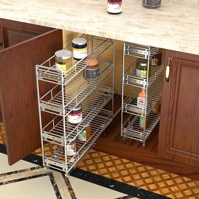 OCG 4-Tier Pull Out Kitchen Cabinet Spice Rack Holder Shelves (8" W x 21" D), Slide Out Slim Storage Wire Baskets for Storage Organization, Narrow Slide Out Storage for Narrow Space