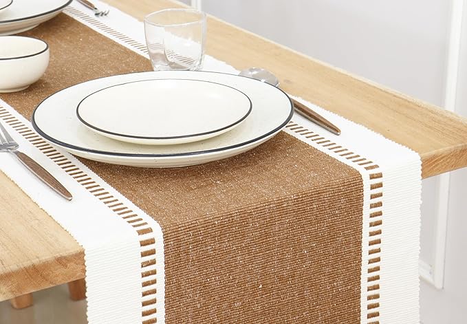 PurpleEssences Table Runner - Wide with Dobby Stripe, Heavy Ribbed Weave & Double Knot Fringes, 14x72 Inch (14x77.5 with Fringes) Farmhouse Decor -Christmas Holiday Winter- Nut Brown and H.White