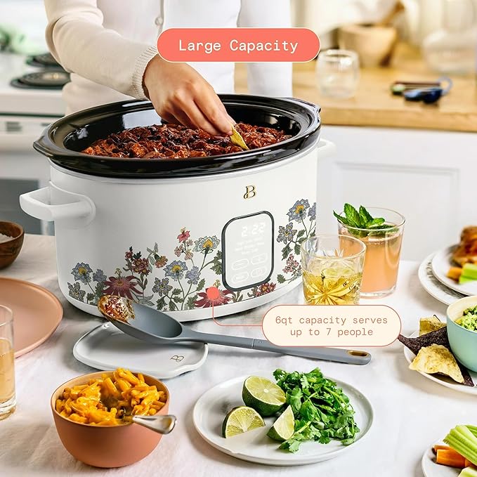 Beautiful 6 Quart Programmable Slow Cooker, 5 Cooking Presets, Digital Countdown Timer, Dishwasher Safe Parts by Drew Barrymore (Wildflower White Icing)