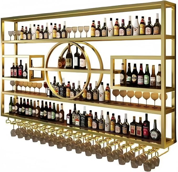 47in Modern Wine Rack Wall Mounted, Metal Wall Bar Shelves for Liquor Bottles with Glass Holder, Multifunctional Wood Bar Shelves Wall Mounted for Home Bar, Dining Room & Kitchen, Gold