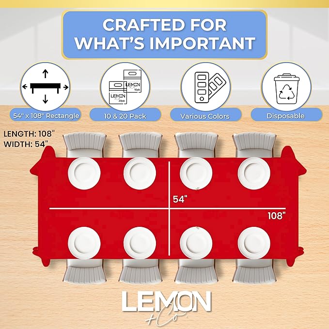 LEMON + Co. Red Rectangle Table Cover Disposable Plastic Tablecloth 54 Inch. x 108 Inch. Premium Decorative Rectangle Table Cover 20 Pack