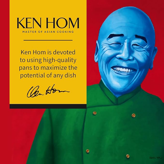 Ken Hom 12" Carbon Steel Nonstick Stir Fry Wok - Soft Touch Helper Handle and Lightweight Flat Bottom Design