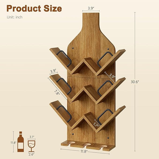 Hoctieon Wine Rack Wall Mounted, 6 Bottles Wood Wine Rack for Display and Storage, Hanging Bottle Holder Bar Shelves for Living Room, Kitchen, Dining Room, Wine Cellar, Warm Brown
