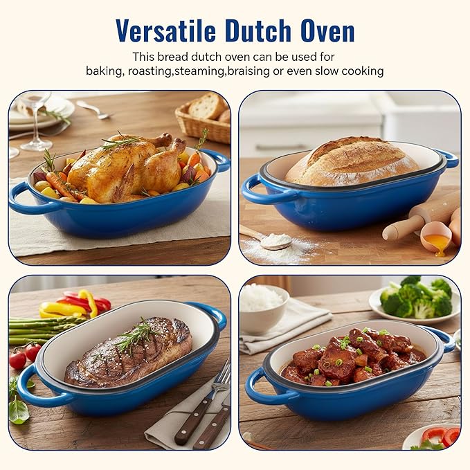 5 QT Oval Dutch Oven for Bread Baking, Enamelled Cast Iron Bread Oven for Sourdough, Sourdough Loaf Pan with Lid, Heavy-Duty Non Stick Bread Pan for Homemade Bread Baking, Blue