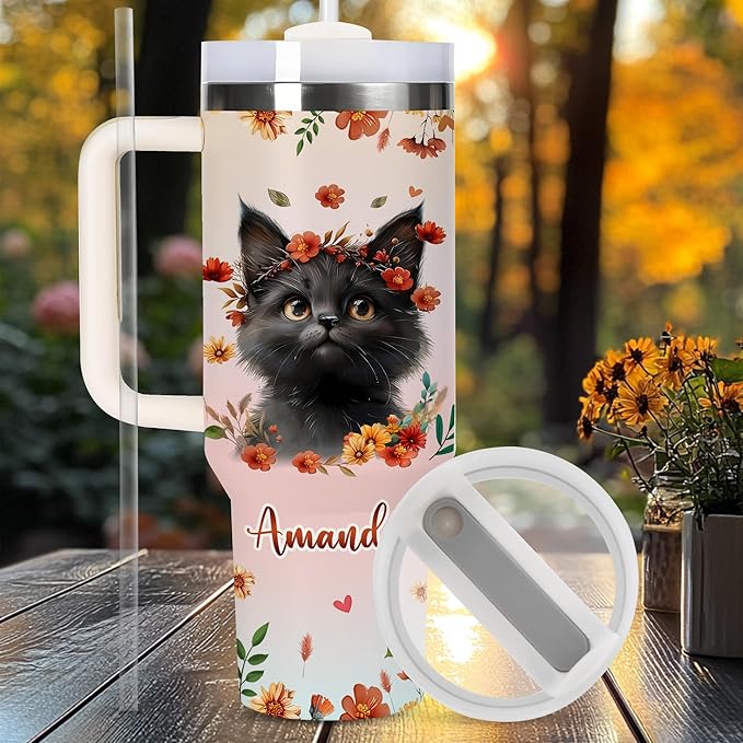 AGGLOMEKC Personalized Cute Cat Cup - Mother's Day Birthday Gift For Animal Lovers - Just A Girl Who Loves Cat Tumbler 40oz With Custom Name - Pet Lover Gifts For Women, Her