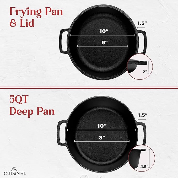 Cast Iron Double Dutch Oven - Pre-Seasoned 5-Quart Set ??2-in-1 Multi-Cooker: 5-Qt Deep Pot + 10" Skillet - Frying Pan Converts to Lid of Combo Dutch Oven ??Grill, Stove Top, BBQ and Induction Use