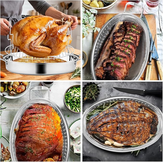 22" Stainless Steel Roasting Pan with Lid and Rack,25LB Capacity,Large Roaster Pan for Oven,Nonstick Roasting Pan for Turkey,Chicken,Gifts for Mom,Wife