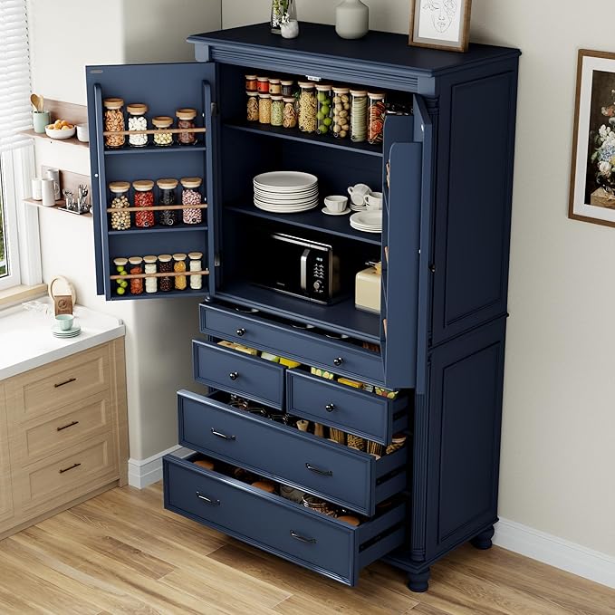Merax 77" Tall Large Kitchen Pantry Storage Cabinet with 2 Doors & 2 Adjustable Shelves & 5 Drawers & 6 Side Door Shelves, Modern Freestanding Food Pantry for Dining Room, Living Room, Blue