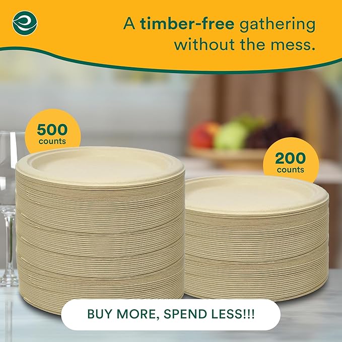 ECO SOUL Compostable 9 Inch(100-Pack) Biodegradable Heavy-Duty Disposable Eco-Friendly Paper Plates for Christmas Dinner & Parties, Wedding, Event