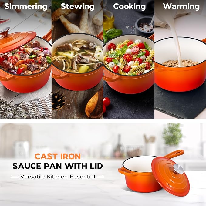 Onader Enameled Cast Iron Sauce Pan Pot, 1QT Saucepan with Lid, Small Enamel Dutch Oven Kitchen Cooking Pot ??Sunset Orange