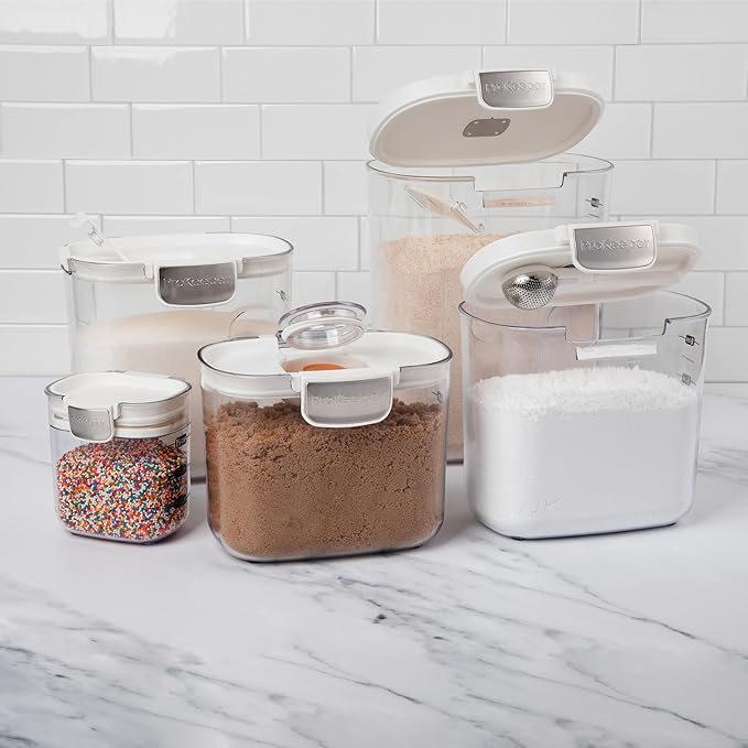 ProKeeper+ Airtight Food Storage Container Set ??Clear Plastic Flour and Sugar Canister Set with Magnetic Accessories for Kitchen Organization (White, 9-Piece)