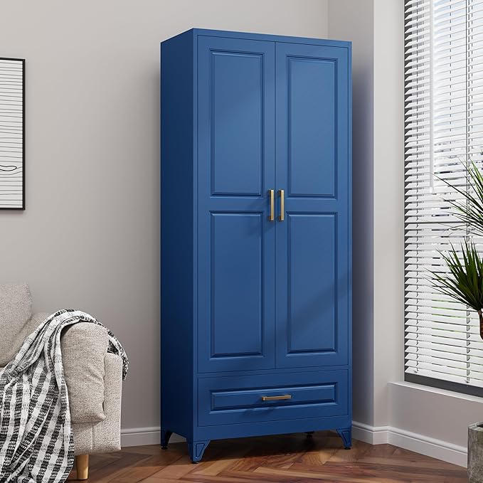75??Kitchen Pantry Storage Cabinet,Metal Tall Storage Cabinet with Drawers and Adjustable Shelves,Modern Kitchen Hutch Cabinet,Freestanding Cupboard for Living Room,Blue