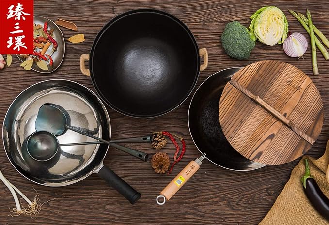 ?삡툒??ZhenSanHuan HandHammered Iron Wok Flat Bottom Induction Suitable (32cm 2 handles)