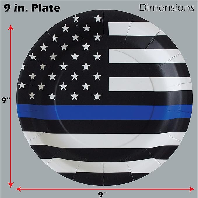Havercamp Police-Thin Blue Line 9??Plates (48 pack)! 48 Lg. Round Dinner Plates in the Official Thin Blue Line Flag Pattern.