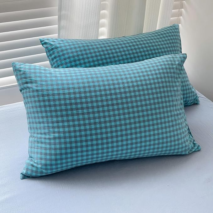 LifeTB Blue Gingham Comforter Set Full Modern Style Blue Grey Plaid Grid Comforter 3 Pieces Farmhouse Checkered Pattern Comforter with 2 Pillowcases Soft Fluffy Gingham Bedding Set Breathable