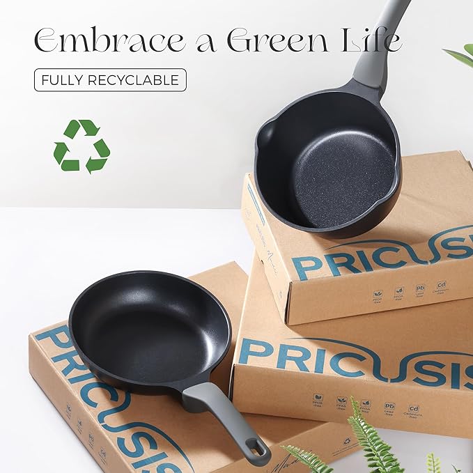 PRICUSIS Nonstick Frying Pan with Lid, 8/10 Inch Skillet with Stay Cool Handle, Fully Coated, Induction Compatible & Oven Safe, 100% Dishwasher Safe, PTFE & PFOA Free(10 Inch, Black Sesame)