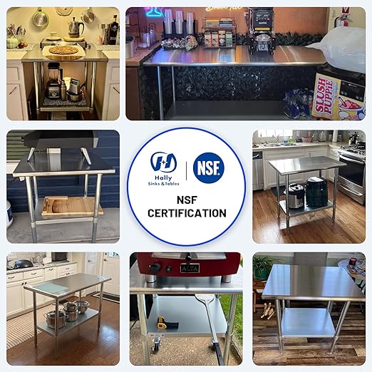 Hally Stainless Steel Table for Prep & Work 14 x 48 Inches, NSF Commercial Heavy Duty Table with Undershelf and Galvanized Legs for Restaurant, Home and Hotel