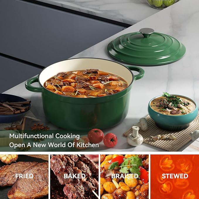 Miereirl 4.5 Quart Enameled Dutch Oven Pot with Lid, Cast Iron Dutch Oven with Dual Handles for Bread Baking, Cooking, Non-stick Enamel Coated Cookware (Green)