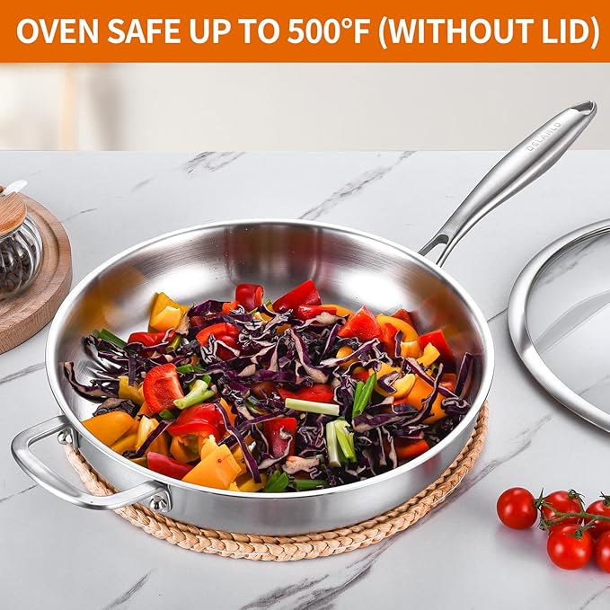 DELARLO Stainless Steel Pan 14-Inch, Large Frying Pan with Lid, Heavy Duty, Compatible with Induction, Gas and Electric up to 650?? Fast & Even Heating, Durable, Dishwasher, Oven Safe Skillet