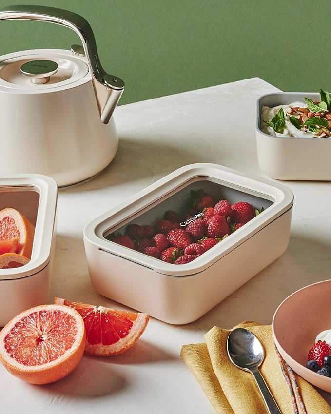 Caraway 6pc Glass Food Storage Set ??6.6 Cup Food Containers (6) - Ceramic Coated - Non Toxic, Non Stick with Lids - Microwave Safe - Navy