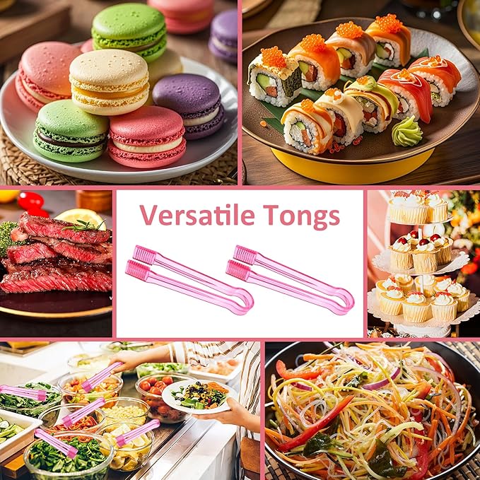 12 PCS Plastic Serving Tongs, 6.3 Inches Pink Disposable Tongs Kitchen Small Serving Utensil Tongs for Party Ice atering Buffet Bakery Salad