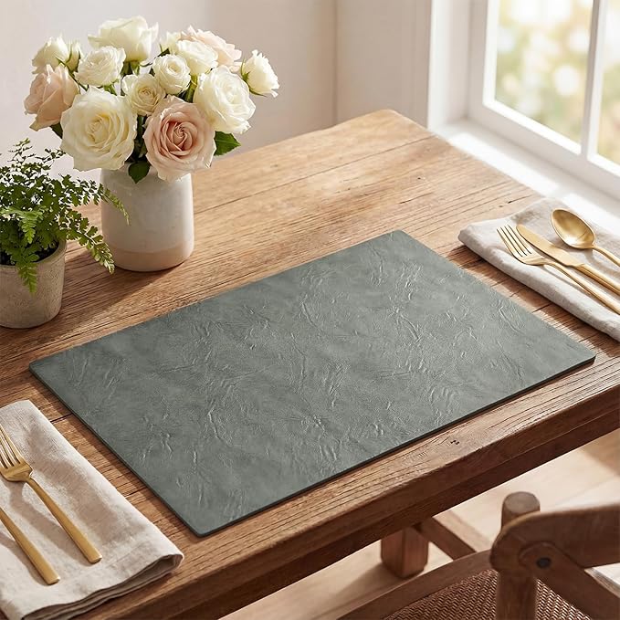 Artoid Mode Grey Faux Leather Placemats Set of 6, 12x18 Inch Waterproof Wipeable Heat Resistant Place Mats, Reversible Table Mats for Winter Kitchen Dining Decor