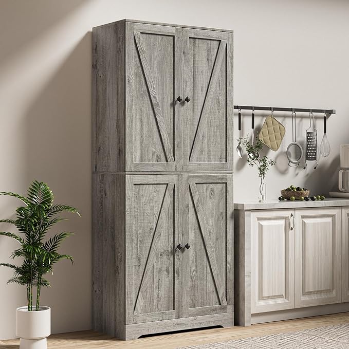 LYNSOM Farmhouse Storage Cabinet Set of 2, 72" Tall Kitchen Pantry Cabinet with 4 Barn Doors and Adjustable Shelves, Freestanding Storage Cabinets for Kitchen, Grey