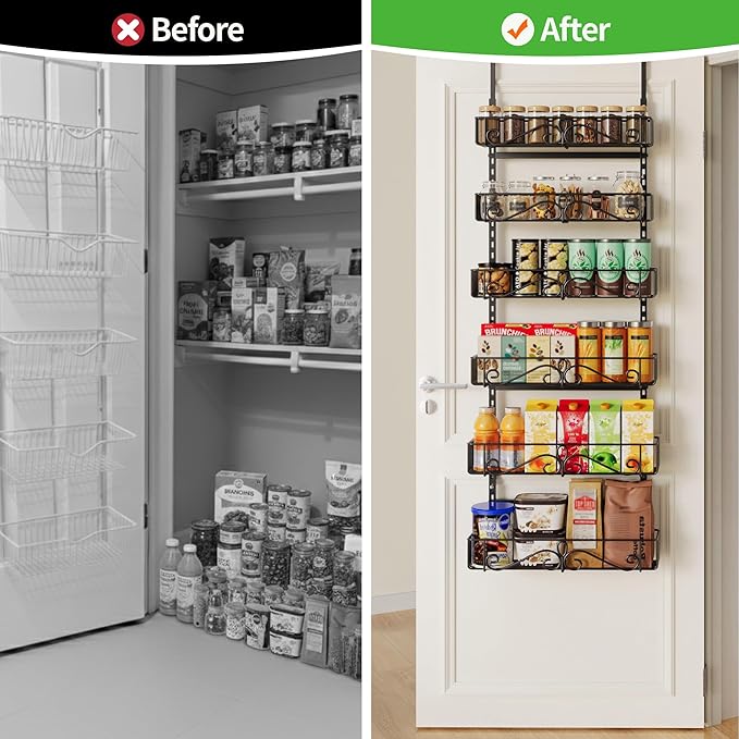 6-Tier Over the Door Pantry Organizer, Pantry Organization And Storage, Hanging Storage Organizer Spice Rack Metal Shelving for Home & Kitchen, Office Laundry Room Bathroom Black