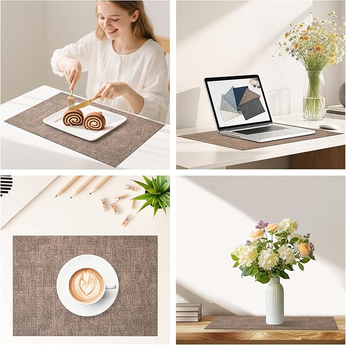 DOLOPL Placemats Set of 6, Reversible Wipeable & Heat Resistant Place Mats, Modern Faux Leather Table Mats for Kitchen, Neutral Waterproof Tablemats for Dining Table Decor, Wedding, Party(Brown)