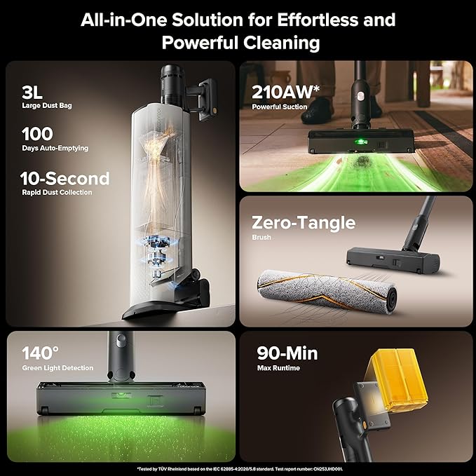 roborock H60 Hub Ultra Cordless Vacuum Cleaner with Auto-Empty Dock, Upgraded 210AW Suction Stick Vacuum Cleaners for Home and Pet Hair, 90-Min Runtime, Anti-Tangle Brush, 140째 LED Dust Detection