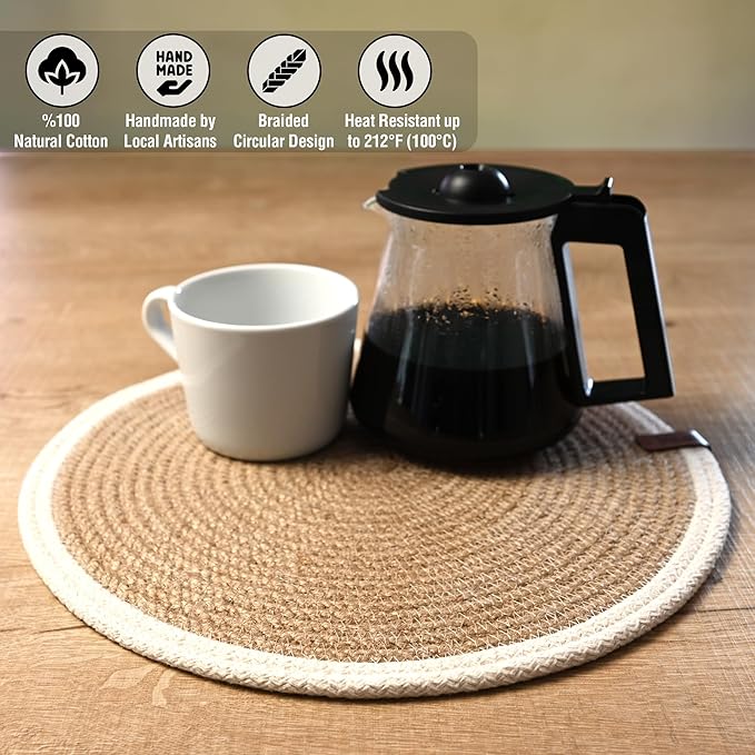 Round Placemats Set of 4, Handmade by Braided Natural Jute with White Cotton Cord, Dia. 12.6 Inch, Heat Resistant, Doublesided, Light Brown