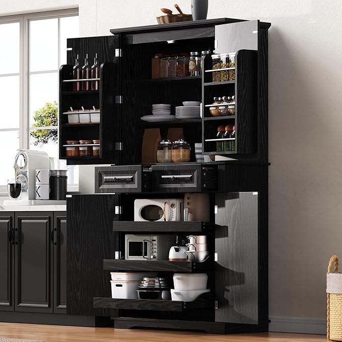 Ball & Cast 71?쿟all Farmhouse Kitchen Pantry Cabinet with 3 Pull Out Shelves & 2 Large Drawers,Versatile Pantry Storage Cabinet w/ 6 Door Shelf & Adjustable Shelves for Kitchen,Dining Room,Black