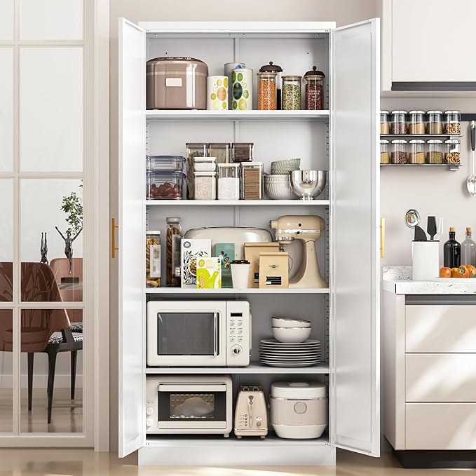 Kitchen Pantry Cabinet,71??Metal Tall Pantry Storage Cabinet with Doors and 4 Adjustable Shelves,Kitchen Storage Cabinets White Freestanding Food Cabinet for Pantries, Kitchen, Livingroom, Dining Room