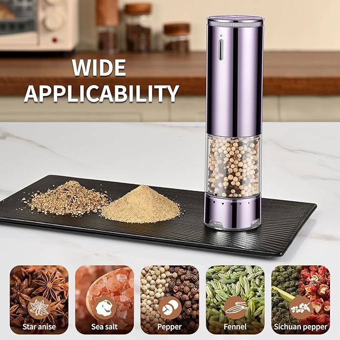 Electric Salt and Pepper Grinder Set Automatic Refillable Salt and Pepper Grinders with LED Light Pepper Grinder Kitchen Gadgets Adjustable Coarseness,One Handed Operation, Large Capacity