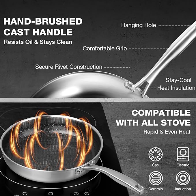 PekGema Nonstick Frying Pan 10 inch, Hybird Ceramic Frying Pan, Stainless Steel Skillet, Non-stick Oven-Safe Chef Pan, Induction Ready, PFOA PFAS FREE Cookware