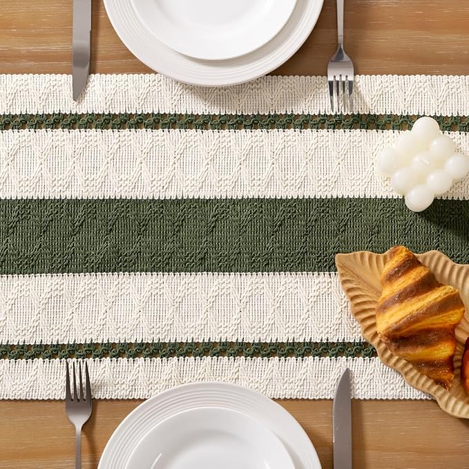Socomi Boho Table Runner Valentine's Day Farmhouse Rustic Dining Kitchen Centerpiece Decor Small Macrame Woven Cotton Linen Coffee Table Runner for Dresser Scarf Home Decor 12x72 inch Olive Green