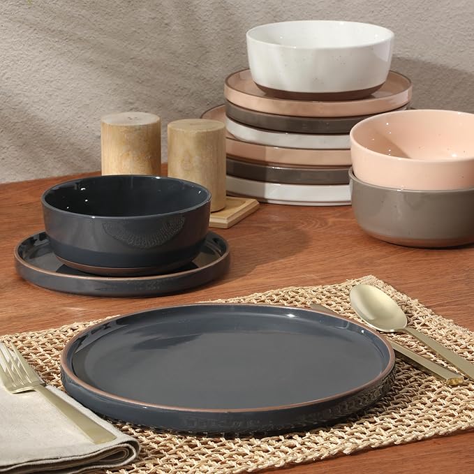 Gibson Elite Northrock Stoneware Dinnerware Set, 12-Piece Service for 4 Plates and Bowls Set ??Assorted Colors Blue, White, Pink, Gray Dishes with Hand-Painted Terracotta Base
