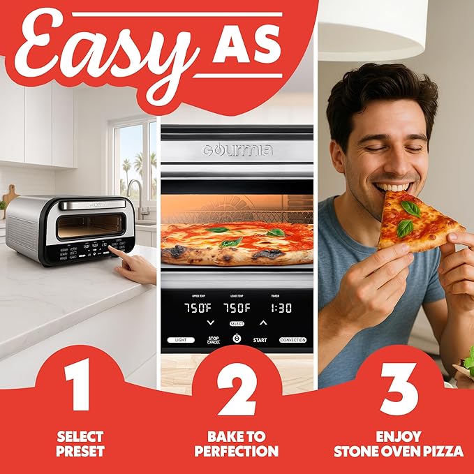 Gourmia Indoor Pizza Oven Air Fryer Toaster ??1800W Countertop Multi-Cooker with Pizza Stone, Digital Controls & 6 Presets, Stainless Steel