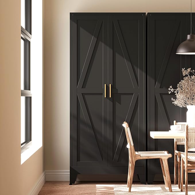 71" H Black Pantry Kitchen Cabinet with Doors,Black Metal Storage Cabinets,Freestanding Pantry Cabinet,Farmhouse Food Storage Cabinets,Tall and Large Pantry Cabinets for Kitchen, Dining Room