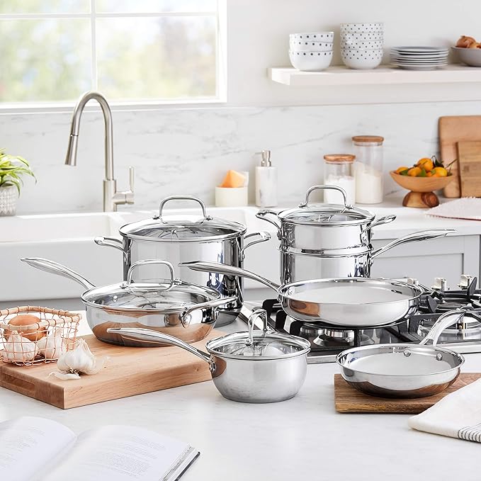 Amazon Basics Stainless Steel Cookware 11-Piece Set, Oven Safe, Pots and Pans, Induction-Ready, Even Heating, Easy to Clean, Heavy Duty, Silver