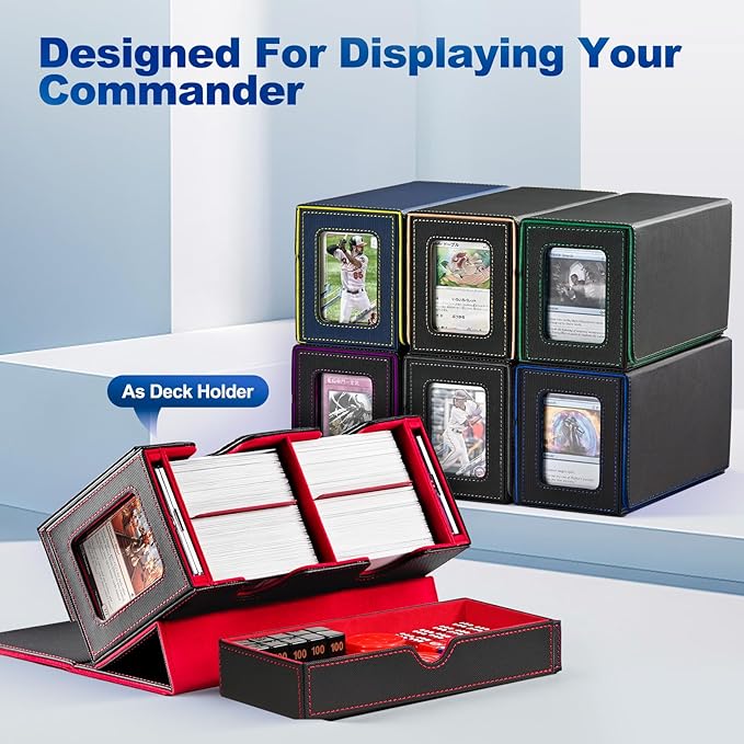 Card Deck Box for MTG, Double Deck Storage Box with 2 Commander Display & 1 Dice Tray, Fits 200+ Double Sleeved Cards, Card Organizer for CCG TCG Sports (Blue Yellow)
