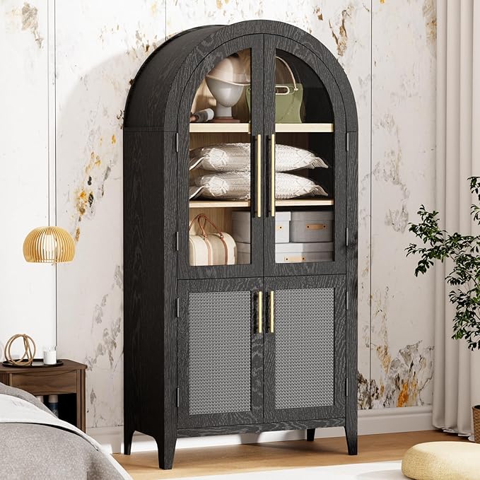 63??Arched Kitchen Pantry Cabinet ??5-Tier Modern Farmhouse Storage Cabinet w/Glass & Fluted Doors, Adjustable Shelves for Kitchen, Living Room, Entry, Office, Engineered Wood, Black