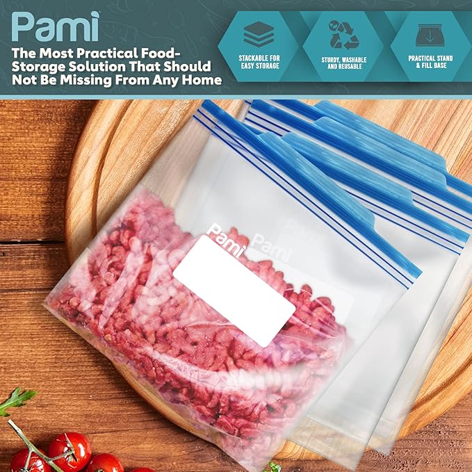 PAMI 60 Ct Reusable Leakproof Gallon Slider Freezer Bags with Expandable Bottom, Double Zipper Closure, Write on Label