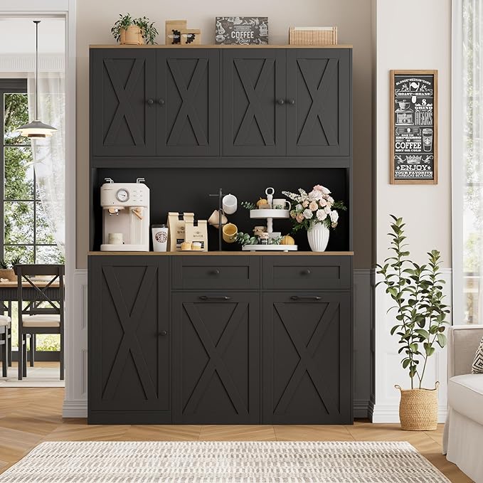 HOSTACK 71" H Kitchen Trash Can Hutch Cabinet, 12.5 Gallon Double Pull Out Garbage Can Hutch Cabinet with Trash Bin Storage Holders, 47" Wide Kitchen Pantry with Hidden Garbage Storage, Black