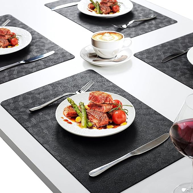 Uolr Vinyl Placemats Set of 6 Faux Leather 100% Waterproof Wipeable Washable Place Mats Heat Resistant Easy Clean Non-Slip Table Mats for Indoor Outdoor. (6,Black)
