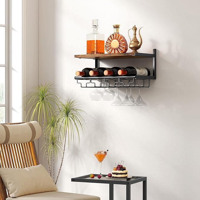 2 Tiers Wine Rack Wall Mounted with Wine Bottle Holder & Wine Glass Rack, Bar Shelves for Liquor Bottles, Hanging Wine Rack, Wine Storage Display Rack Shelf for Home Bar,Dining Room,Kitchen,Rustic