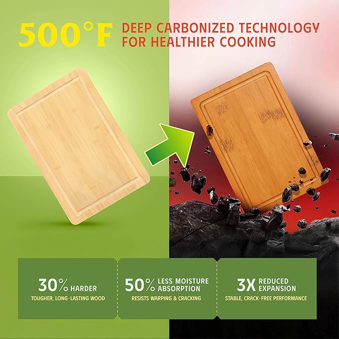 Vietnam Carbonized Bamboo Cutting Board Set of 2 with Holder, Non Toxic Reversible Boards with Juice Groove, Smooth Finish and Non Slip Feet, Handmade in Vietnam for Prep and Charcuterie